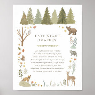Woodland Baby Shower Late Night Diapers Sign Poster