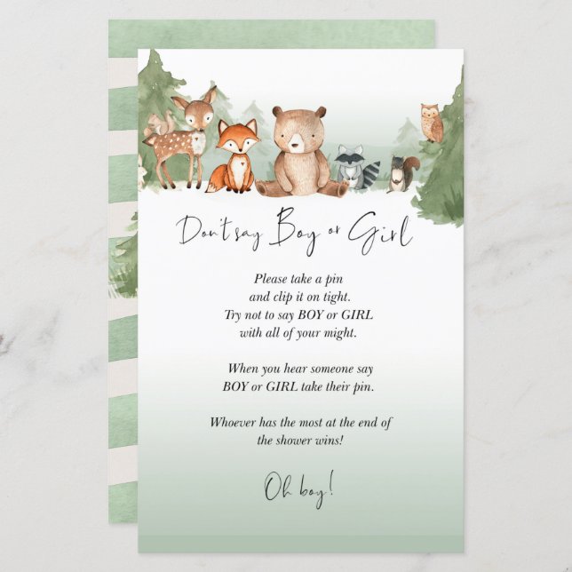 Woodland Baby Shower Mini Sign Boy oder Girl (Vorne/Hinten)