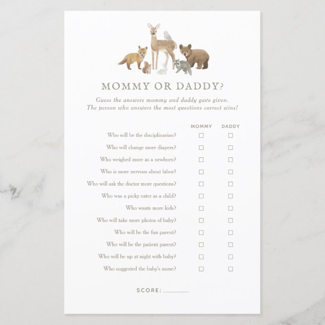 Woodland Baby Shower rät, wer Mama oder Daddy Game (Vorderseite)