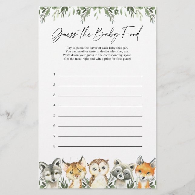 Woodland Baby Shower schätzt das Baby Food Game (Vorderseite)