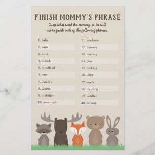 Woodland-Baby-Shower-Spiel 'Beende Mamas Satz' Flyer