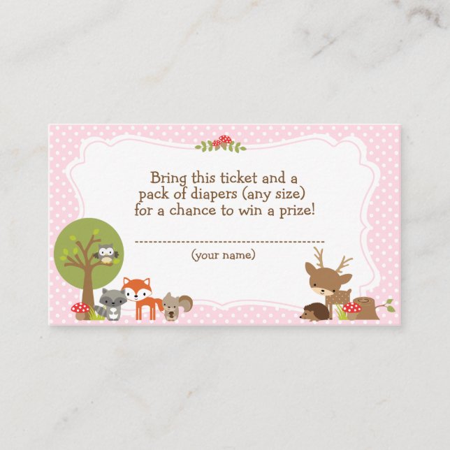 Woodland Baby Shower Windel Raffel Ticket rosa Begleitkarte (Vorderseite)