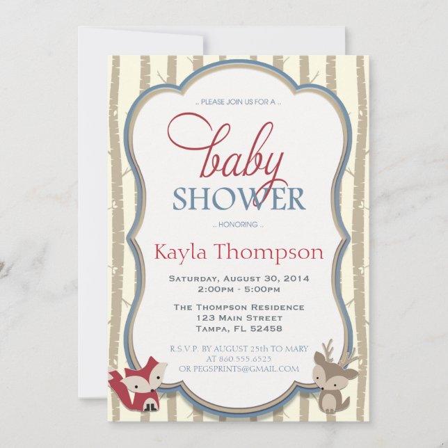 Woodland Babydusche Einladung - Fuchs und Hirsch (Vorderseite)