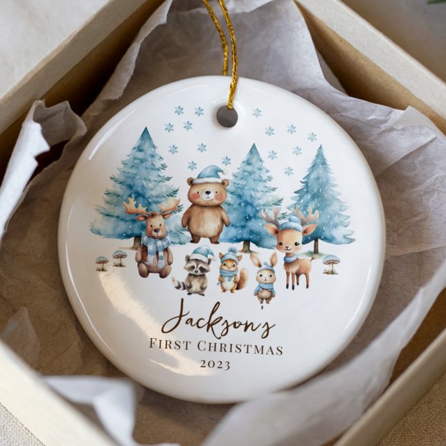 Woodland Baby's 1ST Christmas 2 Sided Foto Keramik Ornament (Von Creator hochgeladen)