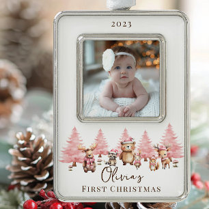 Woodland Baby's 1ST Christmas 2 Sided Foto Rahmen-Ornament Silber