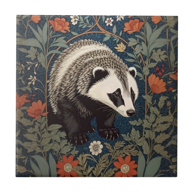 Woodland Badger William Morris Inspiriert Fliese (Vorderseite)