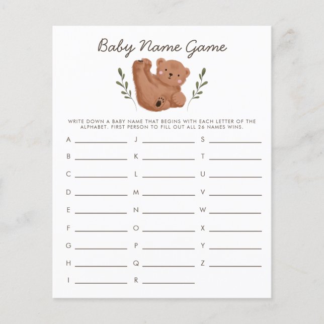 Woodland Bear Baby Name Dusche Spiel (Vorderseite)