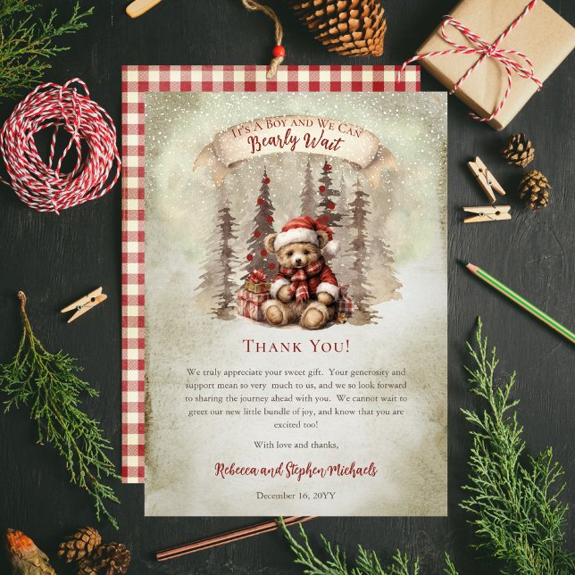Woodland Bear Bear Bearly Wait Holiday Boy Baby Du Dankeskarte ("It's A Boy and We Can Bearly Wait" Baby Shower rustic woodland Christmas Thank You card)