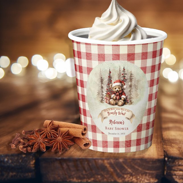 Woodland Bear Bear Bearly Wait Holiday Boy Baby Du Pappbecher ("It's A Boy and We Can Bearly Wait" Baby Shower rustic woodland Christmas invite design)