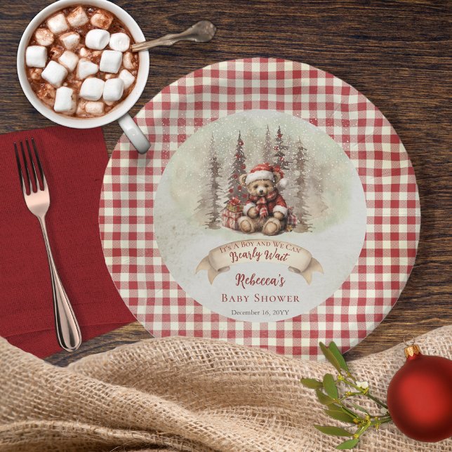 Woodland Bear Bear Bearly Wait Holiday Boy Baby Du Pappteller ("It's A Boy and We Can Bearly Wait" Baby Shower rustic woodland Christmas Holiday design)