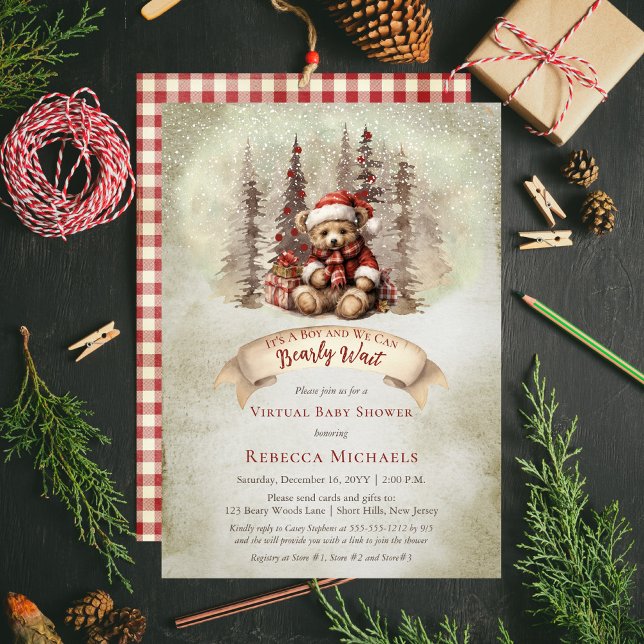 Woodland Bear Bear Bearly Wait Virtual Boy Baby Du Einladung ("It's A Boy and We Can Bearly Wait" "Virtual Baby Shower" rustic woodland Christmas invite design)