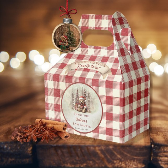 Woodland Bear Bearly Wait Holiday Boy Baby Shower Geschenkschachtel ("It's A Boy and We Can Bearly Wait" Baby Shower rustic woodland Christmas Holiday design)