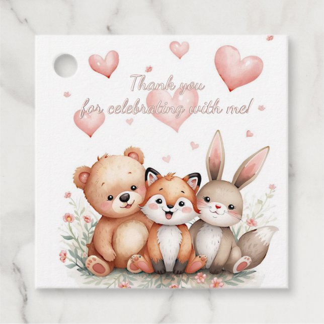 Woodland Bear Fox Bunny Pastel Hearts Girl Floral Geschenkanhänger (Vorderseite)