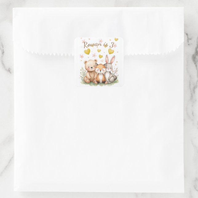 Woodland Bear Fox Bunny Yellow Hearts Neutral Quadratischer Aufkleber (Tasche)