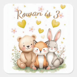 Woodland Bear Fox Bunny Yellow Hearts Neutral Quadratischer Aufkleber