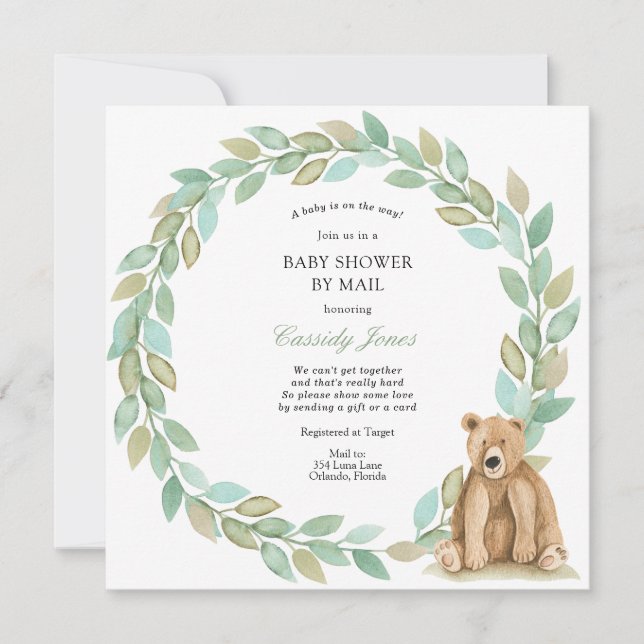Woodland Bear Greenery Wreath Baby Shower by Mail Einladung (Vorderseite)