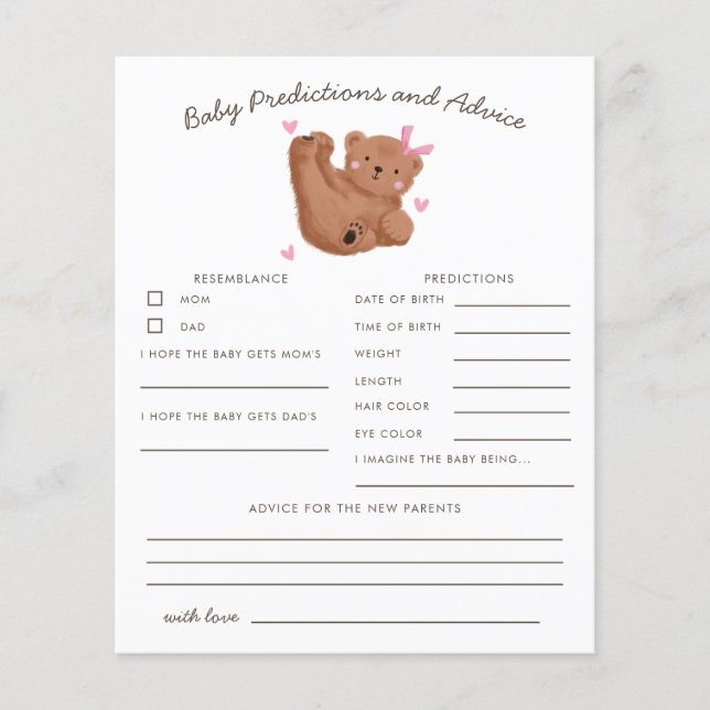 Woodland Bear Pink Baby Predictions & Advice Card (Vorderseite)