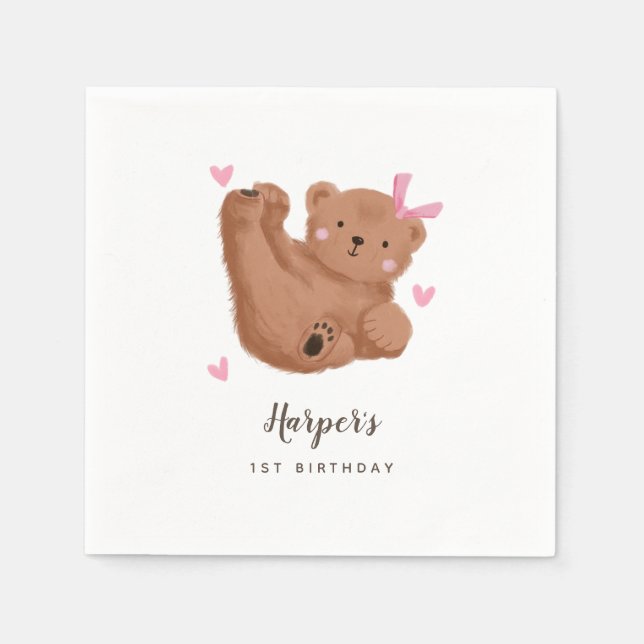 Woodland Bear Theme Girl Birthday Party Serviette (Vorderseite)