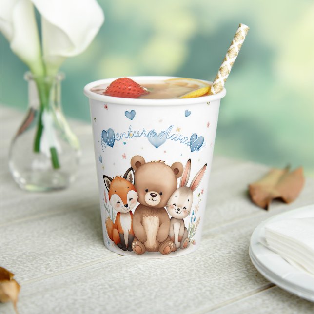 Woodland Birthday Boy Party Pastel Blue Hearts Pappbecher (In Situ)