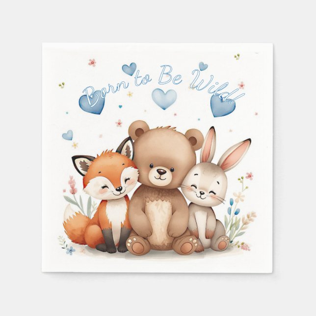 Woodland Birthday Party Pastel Blue Hearts Boy  Serviette (Vorderseite)