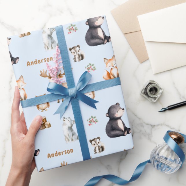 Woodland Blue Baby Shower Giftwrapping Paper Geschenkpapier (Schenken)
