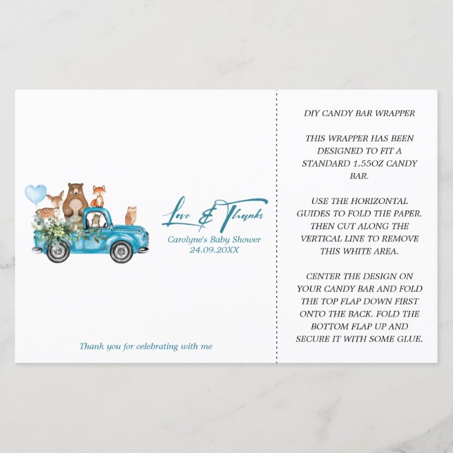 Woodland Blue Truck Baby Dusche Candy Bar Wrapper (Vorderseite)