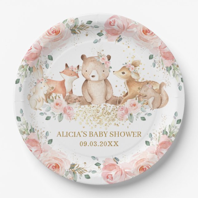 Woodland Blush Pink Bläschen Baby Dusche Geburtsta Pappteller (Vorderseite)