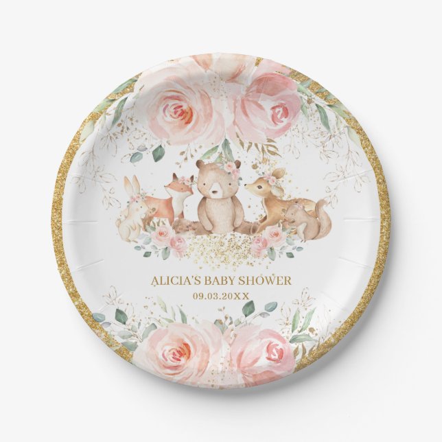 Woodland Blush Pink Bläschen Baby Dusche Geburtsta Pappteller (Vorderseite)