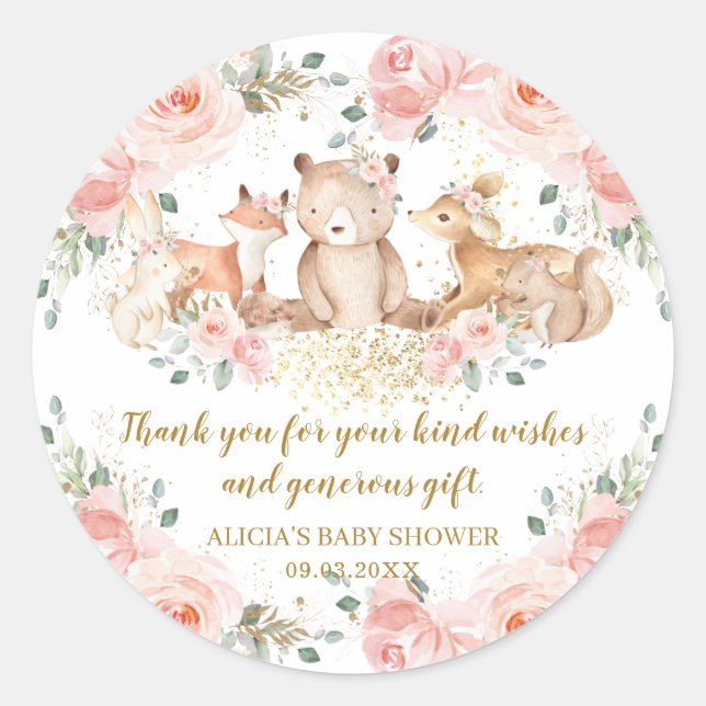 Woodland Blush Pink Bläschen Baby Dusche Geburtsta Runder Aufkleber (Vorderseite)