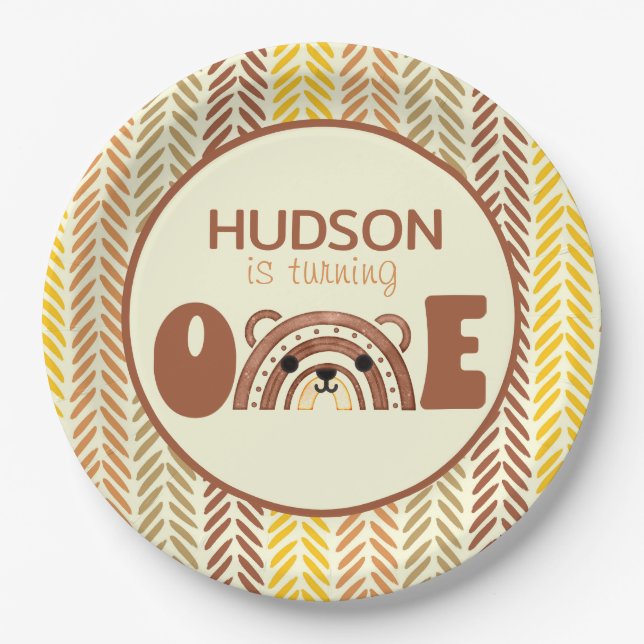 Woodland Boho Rainbow Bear Erster Geburtstag Pappteller (Vorderseite)