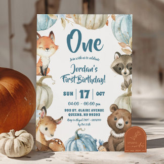 Woodland Boy Blue Pumpkin 1. Geburtstag Einladung