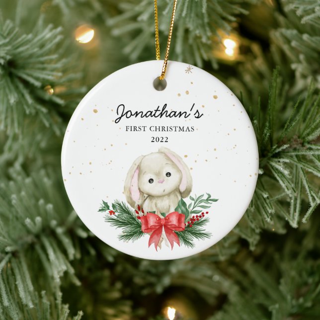 Woodland Bunny Baby's First Christmas Keramik Ornament (Baum)