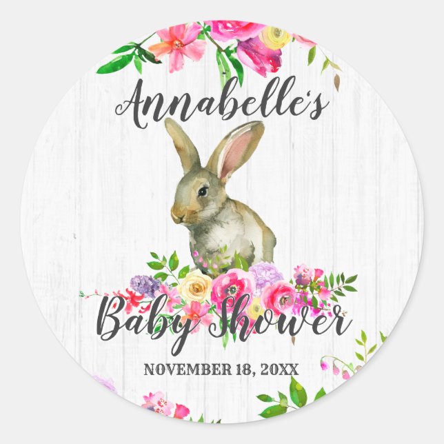Woodland Bunny Rabbit Niedlich Floral Baby Dusche Runder Aufkleber (Vorderseite)