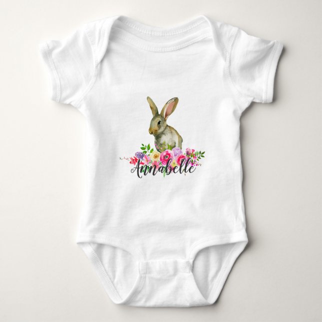 Woodland Bunny Rabbit Watercolor Floral Baby Monog Strampler (Vorderseite)