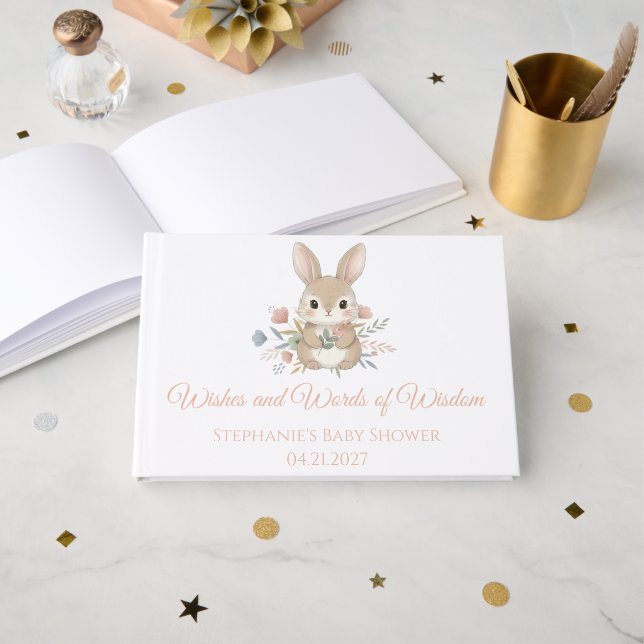 Woodland Bunny Wildflower Garden Baby Shower Gästebuch (Vorderseite Offen)