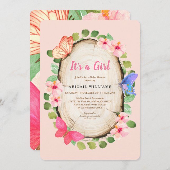 Woodland Butterfly Girl Babydusche Einladung (Vorne/Hinten)