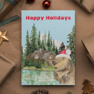 Woodland Cabin Lake Christmas Beaver Watercolor Postkarte
