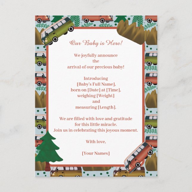 Woodland Camper Baby Boy Ankündigungspostkarte (Vorderseite)
