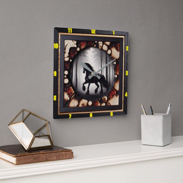Woodland Canter Personalisiert Charred Wood Friesi Quadratische Wanduhr (Büro)
