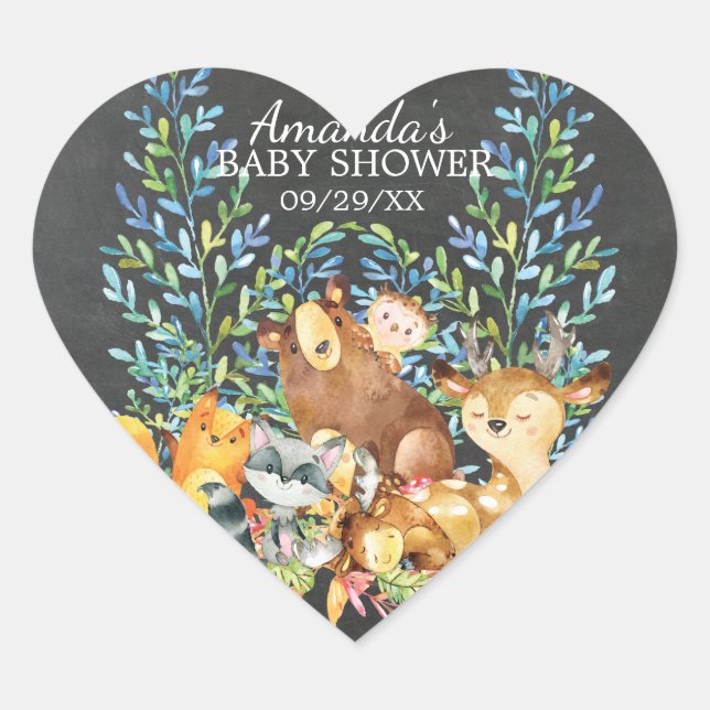 Woodland Chalkboard Babydusche Gefälligkeitsaufkle Herz-Aufkleber (Vorderseite)