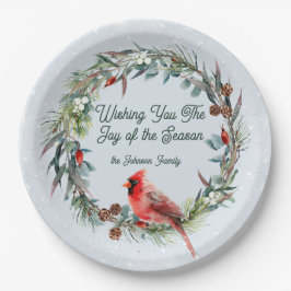 Woodland Christmas Wreath, Cardinal, Snowflakes Pappteller