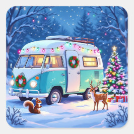 Woodland Creatures and Retro RV Camper Quadratischer Aufkleber