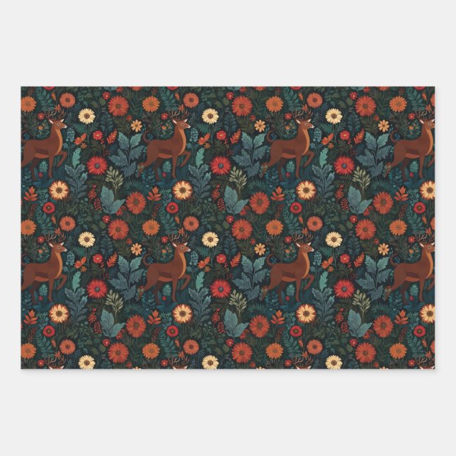 Woodland Deer and Flowers Holiday Gift Wrap Geschenkpapier Set (Vorderseite)
