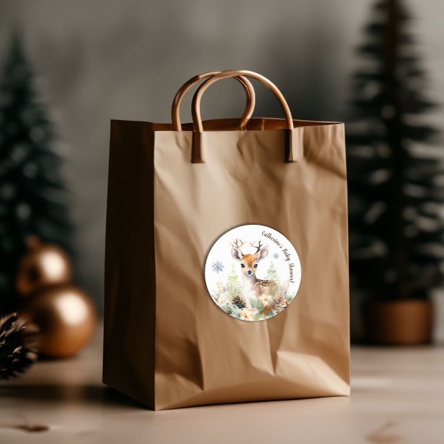 Woodland Deer Animal Baby Dusche Runder Aufkleber (Winter Deer Gender Neutral Baby Shower Classic Round Sticker)