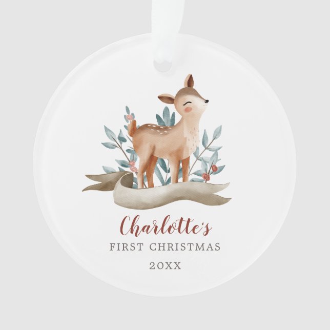 Woodland Deer Baby Girl Erstes Weihnachtsfest Foto Ornament (Vorderseite)