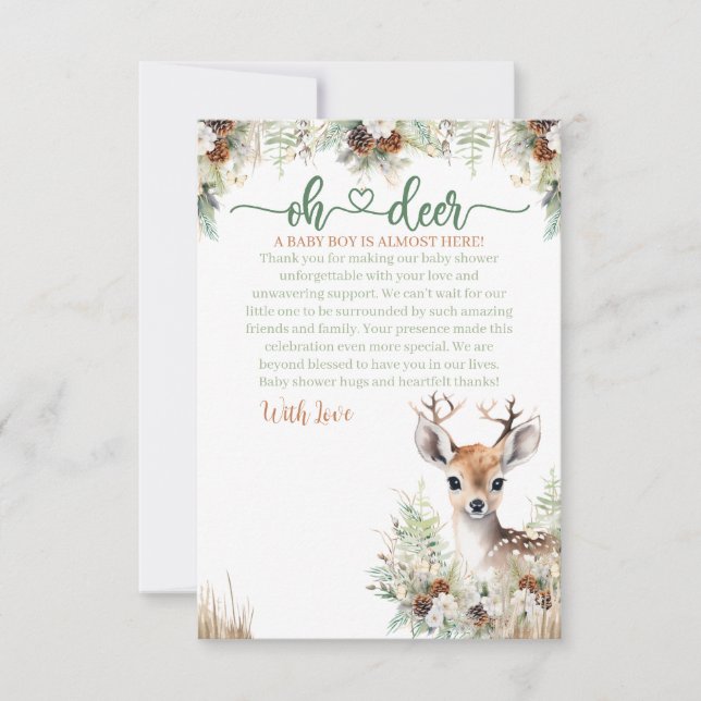 Woodland Deer Baby Shower Boy Dankeskarte (Vorderseite)