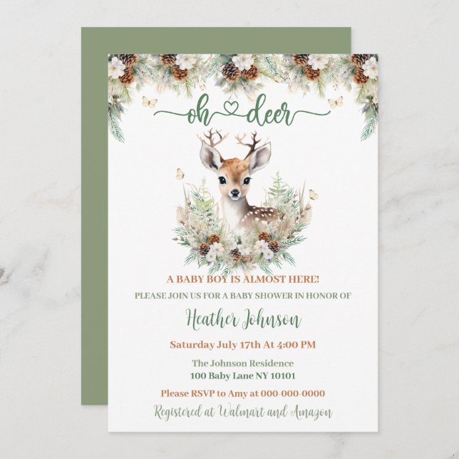Woodland Deer Baby Shower Boy Einladung (Vorne/Hinten)