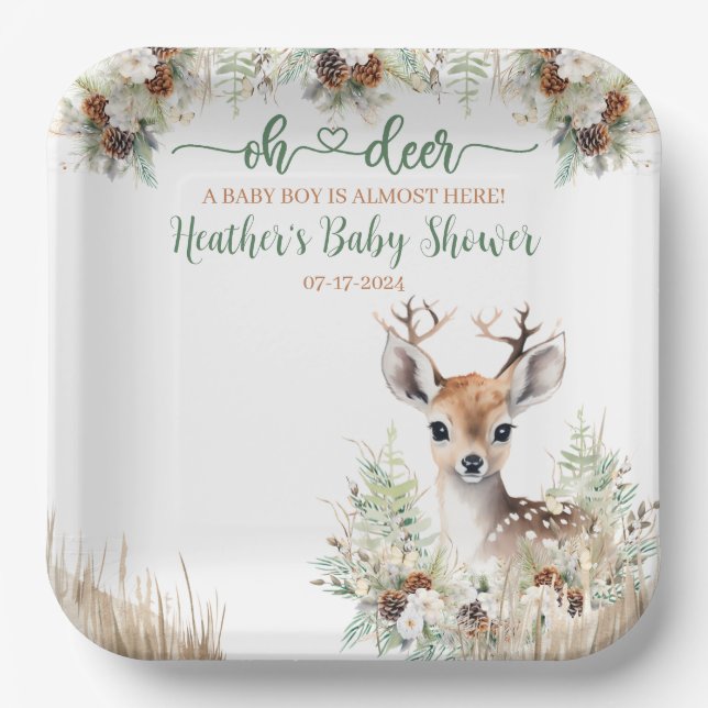 Woodland Deer Baby Shower Boy Pappteller (Vorderseite)