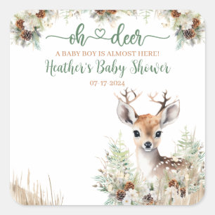 Woodland Deer Baby Shower Boy Quadratischer Aufkleber