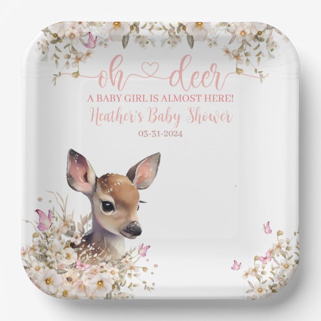 Woodland Deer Baby Shower Girl Pappteller (Vorderseite)